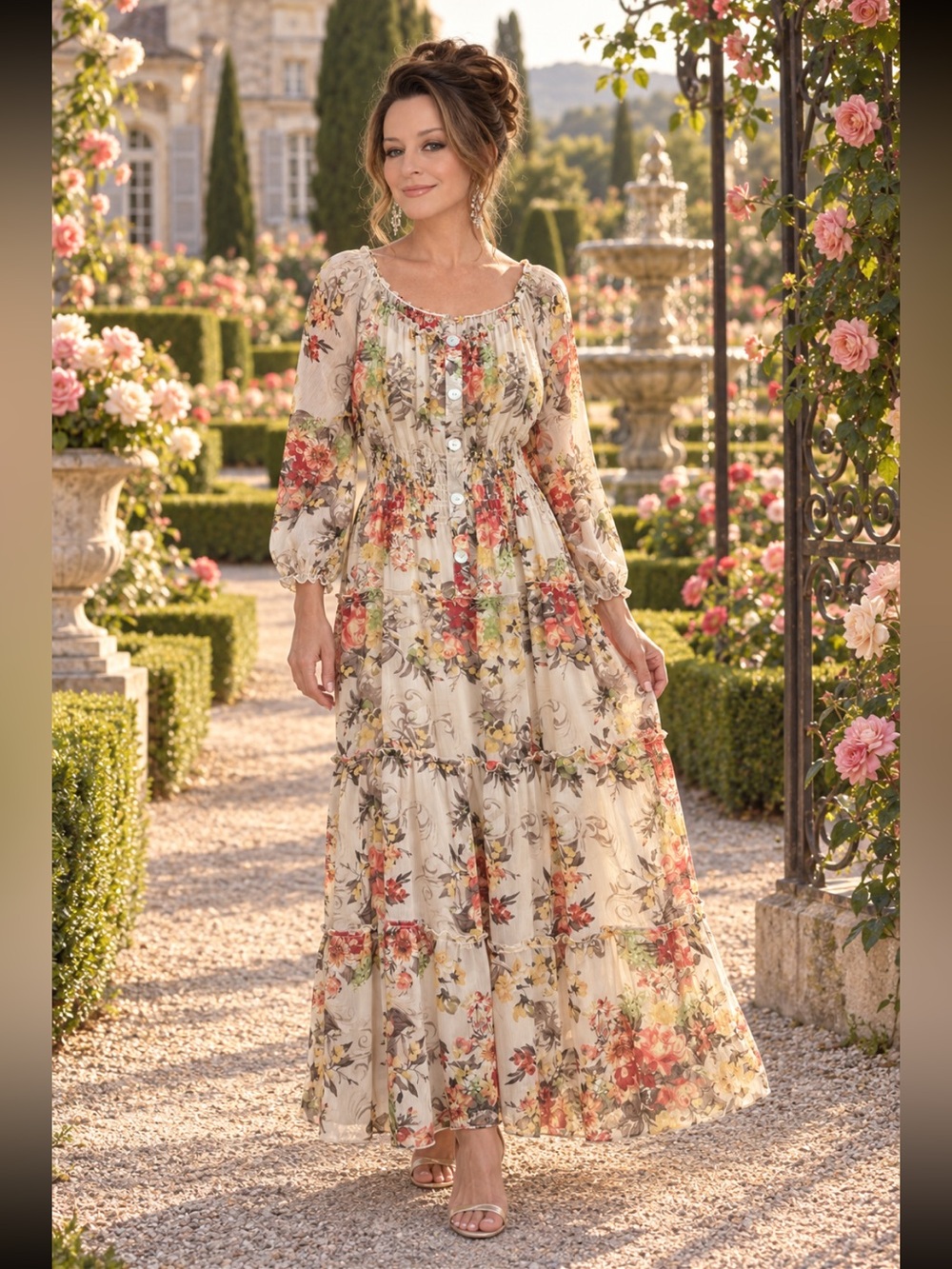 NWT Bohemian Floral Maxi Dress in Cream with Red & Green Accents L